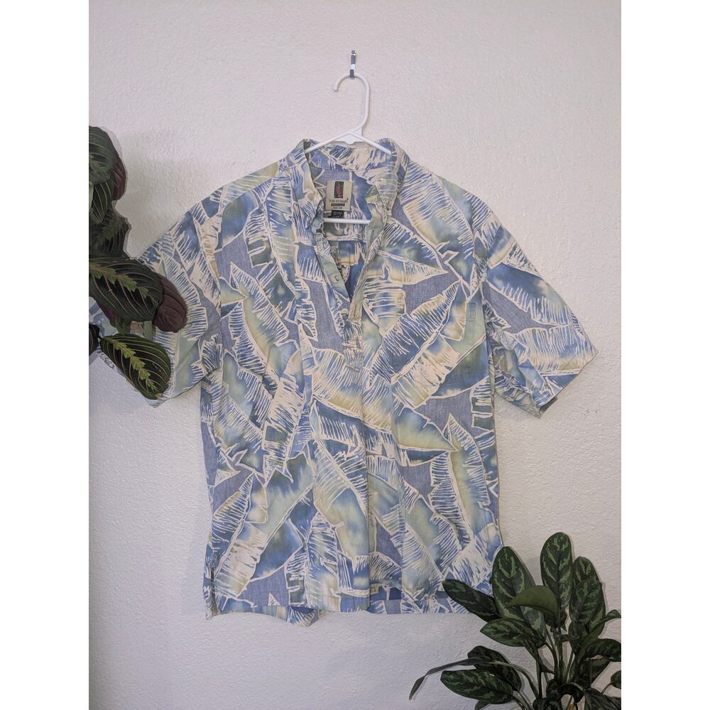 Tori Richard Hawaiian Shirt 100% Cotton SZ L Blue & Green Palm Frond Print